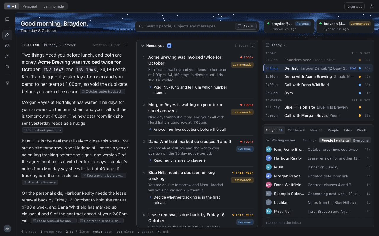 The Home screen of Iris: a written briefing for the day, a numbered list of what needs you, today's calendar, and the people waiting on a reply.